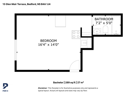 Floor plan for studio, 1 bath